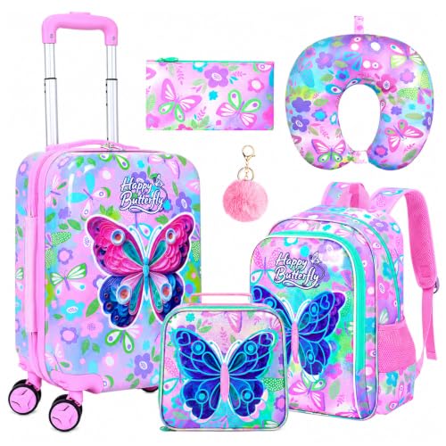 Image of CCJPX 5Pcs Kids Luggage Set, 16 inch Girls Travel Suitcase with Spinner Wheels, Butterfly Hardside Carry on Toddler Rolling Suitcase Airline Approved(Pink)