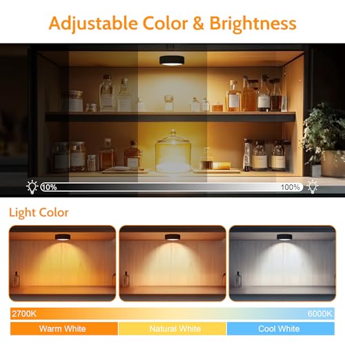 maylit 6 Pack Rechargeable Puck Lights, Wireless Under Cabinet Lighting with Remote, Battery Operated Stick on Light, 3 Color & Dimmable Magnetic Under Counter Light for Kitchen, Shelf, Display,Closet