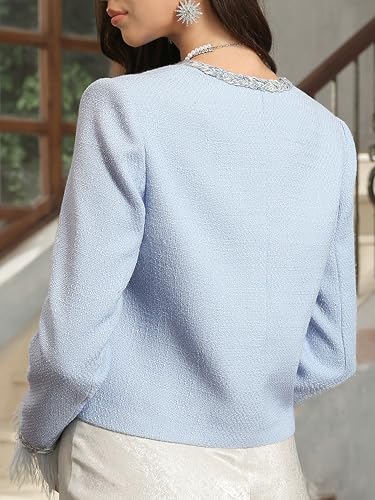 M.Infasivo Womens Tweed Blazers Cropped Jacket with Pocket, Long Sleeve Feather Trim V-Neck Collarless Dressy Cardigan Casual3