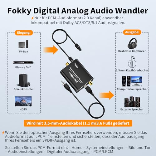 DA Wandler, Fokky 192kHz DAC Digital zu Analog Audio Konverter, SPDIF Koaxial Toslink zu Analog Stereo, Analog Stereo 3,5 mm Audio,1M optischem Kabel unterstützt HDTV DVD Blu-ray Sky Spielekonsole