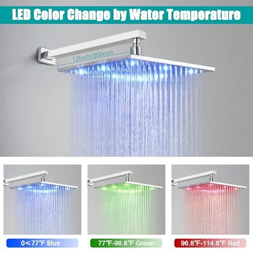 Set de Grifería para Ducha SKOWLL con Cabezal de Ducha de 12 Pulgadas, Montaje en Pared, Cromo Pulido, Sistema de Ducha LED con Válvula y Recorte Incluidos miniatura 2