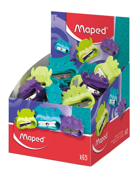 Image of Maped Vivo Monster 1H Sharpener-Pack of 65|Compact & Long Lasting|Smooth Sharpening|Cartoon Collective Sharpening Tool|Fancy & Cute Designs for Kids|Useful for School, Office & Gifting Purpose