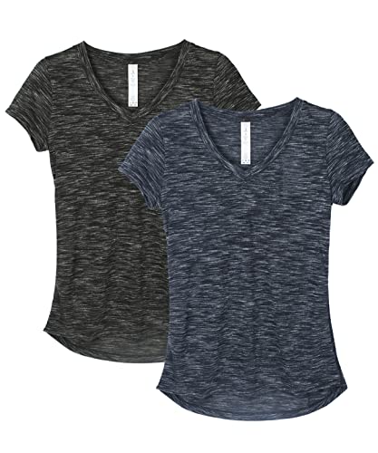 icyzone T-Shirt pour Femmes à Manches Courtes et col en V - Respirant Yoga Sports Tees Lot de 2 (M, Black/Navy)