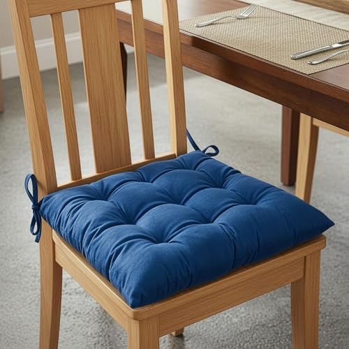 Image of Kuber Industries 16 Inch Heavy Velvet Chair Pad Cushion with Drawstrings for Dining, Office & Home | Soft Seat Pad | Support for Long Sitting | Navy Blue