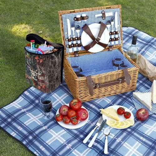 Image of Talayituse Deer Wood American Flag Print Car Trash Can, Portable Auto Garbage Bin Multifunctional Vehicle Interior Accessories with Adjustable Straps Universal Fit Truck SUV Sedan