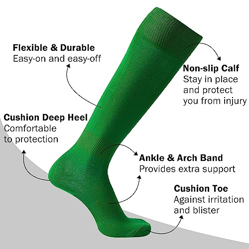 Green Socks Knee High, Mens Womens Long Tube Knee High Baseball Football Soccer Softball Cushion School Team Sport Socks 2 Pairs, Large4