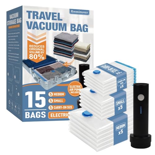 Roomimaster Travel Vacuum Storage Bags with Electric Pump, 15 Combo Travel Packing Bags for Luggage and Suitcase, Carry-on Size Compression Space Saver for Clothes and Clothing