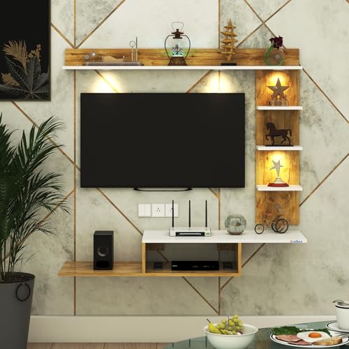 Image of Anikaa Wintor Engineered Wood Wall Mounted TV Unit with 4 LED Lights, 3 Open Shelves,1 Storage Box & Decorative Display Shelf for Living Room | Ideal for Upto 43 Inch TV- Gaintwood /White(DIY Assembly)