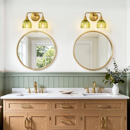 Image of Bathroom Vanity Light Fixtures: 2-Lights Vintage Bathroom Lights Over Mirror with Ribbed Green Tulip Glass Shade - 14 inch Brushed Gold Wall Sconce Bath Lighting