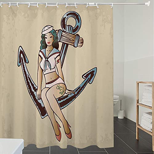 Cortinas de Ducha, para ba?o, ba?era, Impermeable,Ancla, Pinup Girl con Traje de Marinero Shark and Heart Tattoo Vintage Twenties Illustration,Material Resistente al Agua Durable Estampa Digital
