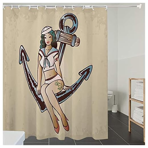 Cortinas de Ducha, para ba?o, ba?era, Impermeable,Ancla, Pinup Girl con Traje de Marinero Shark and Heart Tattoo Vintage Twenties Illustration,Material Resistente al Agua Durable Estampa Digital