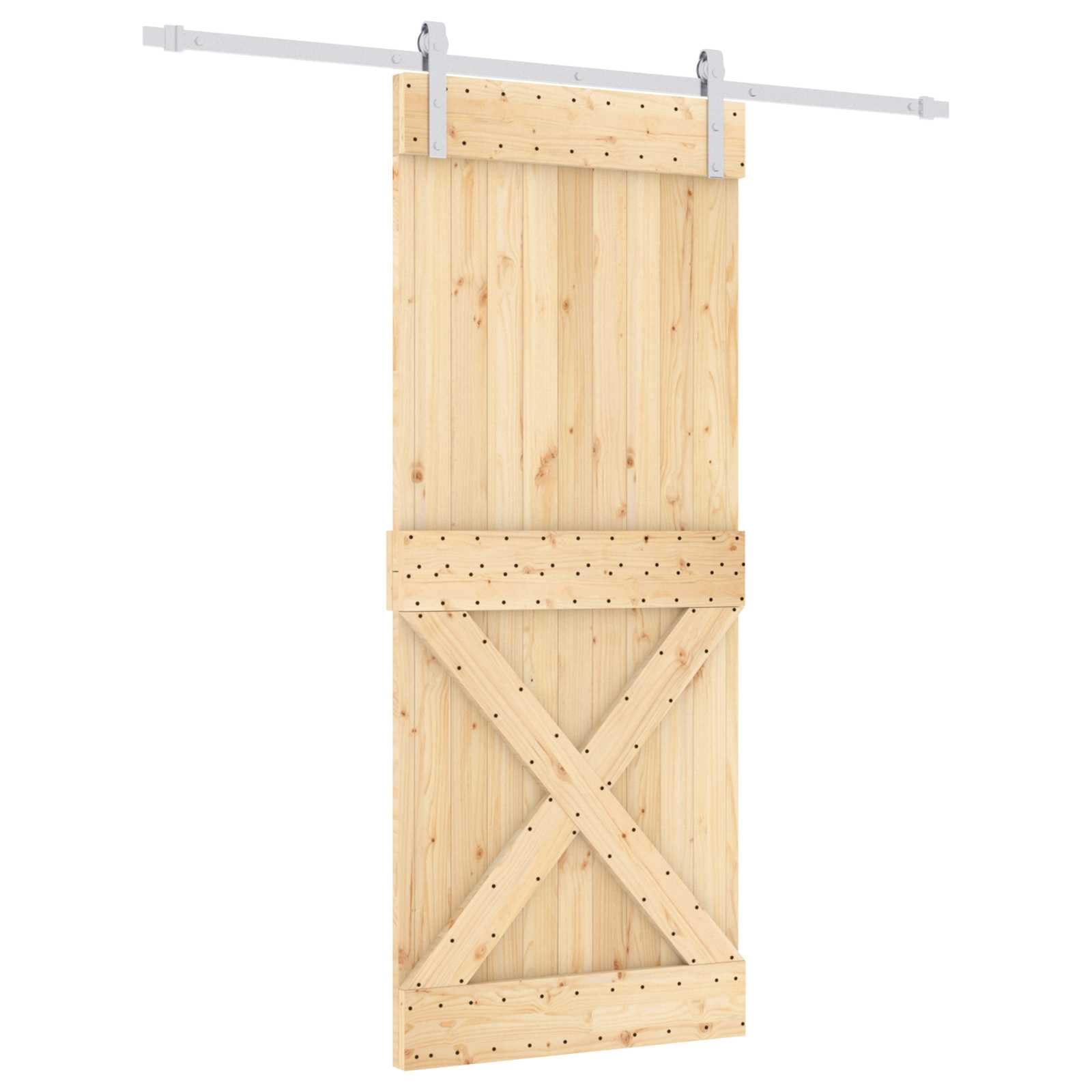 Porta scorrevole in legno di pino, 85 x 210 cm | Bianco naturale, acciaio rivestito, meccanismo superiore, salvaspazio