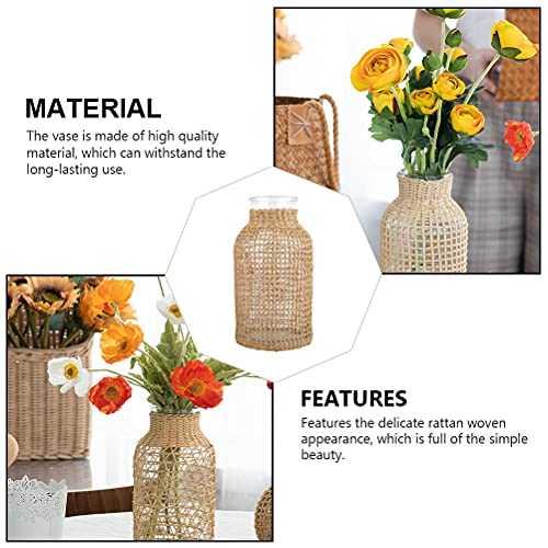 SENTOP, Glass Flower Vase with Rattan Cover, Creative Japanese Style Flower Bud Vase, Floral Container Farmhouse Flower Vase for Floral Arrangements Home Party Decor (L, 8.06x3.73x2.75 inch) - Image 2