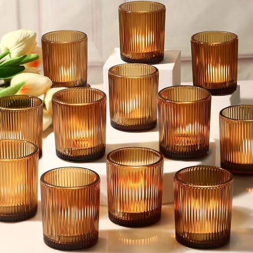 24 Pack Amber Votive Candle Holders Thanksgiving Decor Glass Small Tea Lights Candle Holders for Table Centerpiece for Home Decor Party Fall Boho Decor(24 Amber)