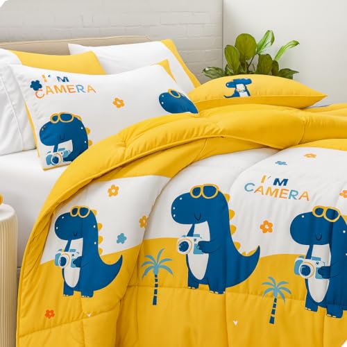 Image of 200 GSM 400 TC Kids Glace Cotton Reversible Cartoon Printed Double Bed King Size Comforter with Matching Bedsheet 90x100 Inches with 2 Pillow Covers Set of 4 Pieces- Blue Dinasour