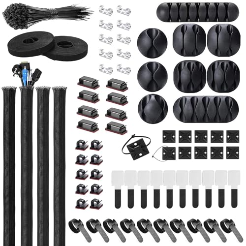 Ditar 173 PCS Cable Management Kit 4 Cable Sleeve, 28 Self Adhesive Cable Clips, 29 Cord Holders, 10+2 Roll Cable Organizer Straps and 100 Fastening Cable Ties for TV Computer Under Desk (Black)