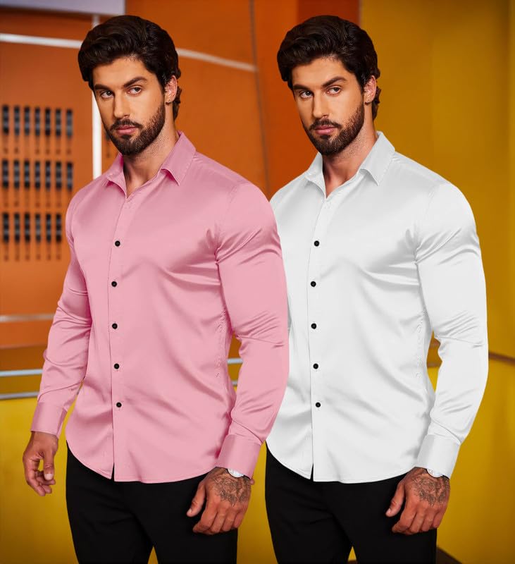 Image of Combo of Men's Premium Satin Cotton Shirt with Full Sleeves & Spread Collar | Smooth Finish | Slim Fit | Stylish Button Down Shirt for Evening, Casual Pack of 2