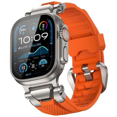 Image of ULTIMAL Rugged Band for Apple Watch Ultra 3 /2 /1 49mm, Series 11 /10 /9 /8 /7 /6 /5 /4 SE 46mm /45mm /44mm, Waterproof, Soft TPU Strap with Stainless Steel Buckle & Connectors, Sweat-Resistant, Easy to Clean, Fits 155-225mm Wrist (Titanium /Orange)