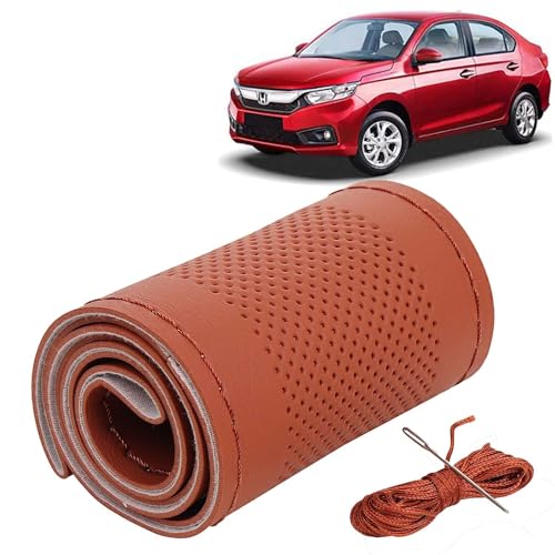 Image of KINGSWAY PU Leatherite Car Steering Cover Sewable Compatible with Honda Amaze (Year 2018-2020), Tan Color with Tan Thread, Pack of 1 with Sewing Needle and Thread