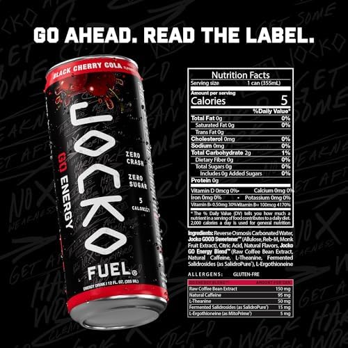 Image of Jocko Fuel GO Energy Drinks, Black Cherry Cola - 95mg Caffeine with Added Adaptogens, Vitamin B12 & B6, & L Theanine for Mood & Focus Support, No Sugar, 12 Pack - Packaging May Vary