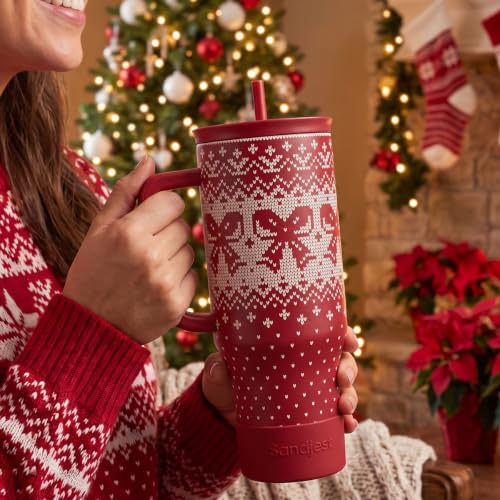 Image of Christmas Bow Stainless Steel Slider Tumbler with Handle 40 Ounces with Lid, Travel Cup, Insulated Bottles for Girls Women