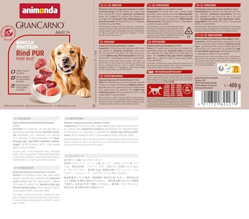 animonda GranCarno Hunde Nassfutter Single Protein Rind pur (6 x 400g), getreidefreies Hundenassfutter ohne Zucker, für ausgewachsene Hunde, mit frischem Rindfleisch und Innereien