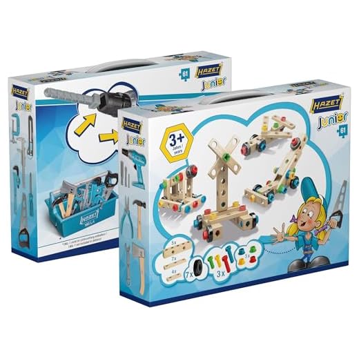 HAZET Kinder Junior-Tool Spielzeugsatz JUNIORTOOL1 | 61-teilig, bestehend aus 14 Werkzeugen und Bauklötzen inkl. Muttern und Schrauben | Werkzeug-Set für Kinder ab 3 Jahren