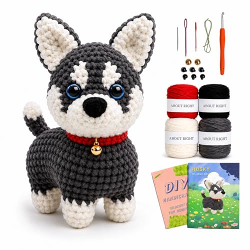 ABOUT RIGHT Crochet Kit Dog for Beginners 7x6 Inches Husky Amigurumi Kit with Step-by-Step Video Tutorials All-in-one DIY Animal Crochet Project for All Ages