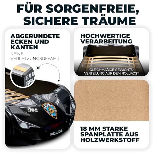 MARQA Kinderbett |Bodenbett | Kinderbett 90x200 |Autobett Rennwagenbett |Polizeiautobett inkl.Rollrost (ohne Matratze, Schwarz babybett)