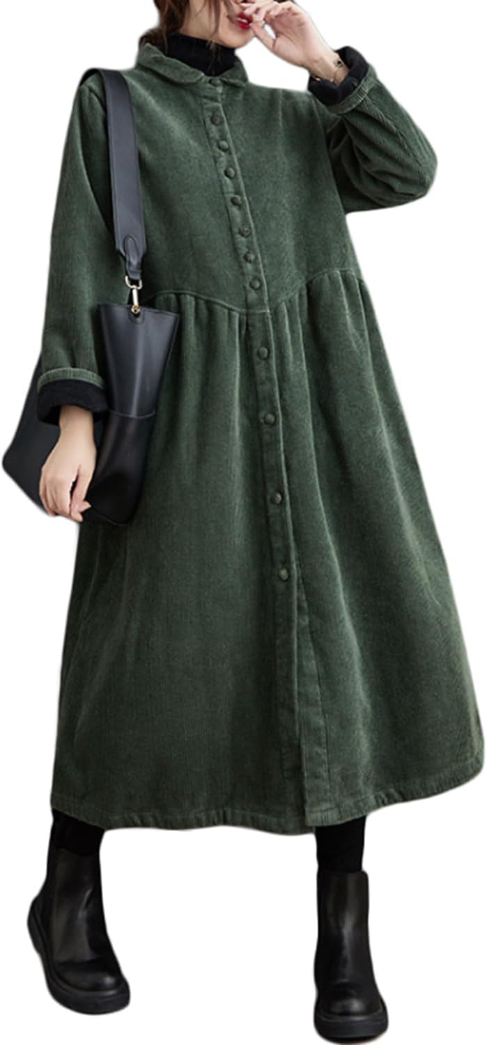 Manteau Long en Velours côtelé pour Femme avec Boutons et Poches latérales Trench-Coat rembourré à Manches Longues Robe Vintage Ample en Velours côtelé