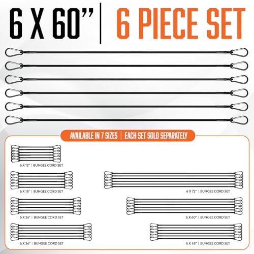Image of Long Bungee Cords with Hooks - 6Pc 60 Inch Heavy Duty Outdoor Bungees | 6 pack of 60 inch heavy duty bungee cords with locking carabiner hooks, UV and weather resistant for cargo and outdoor use