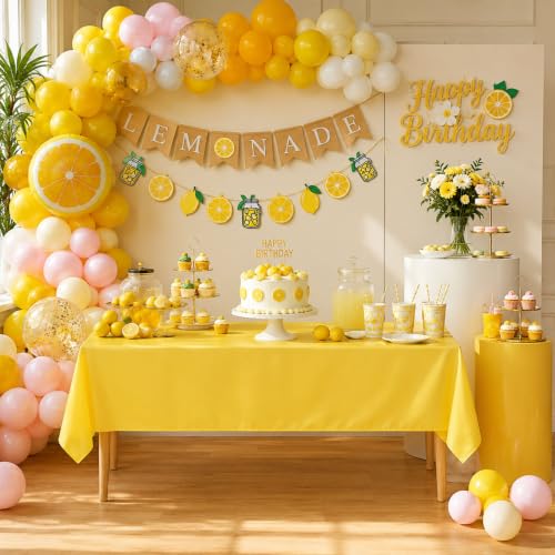 Image of Blue Orchards Yellow Plastic Table Cover (Pack of 3 with 20 Glue dots) - 54 inch x 108 inch - Bright Yellow Waterproof Disposable Tablecloth Decoration, Birthday, Baby Shower, Party Supplies, Wedding