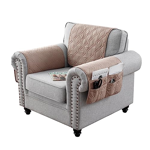 Armrest Covers+Headrest Cover, Non Slip Arm Cover with Storage Pockets & Head Protector Cover Set for Recliner Sofa, Quilted Slipcover Furniture Protector for Pets(Light Brown,1 Person (set of 3))