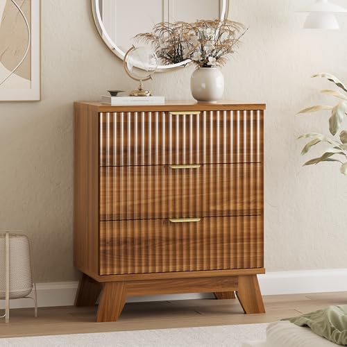 Image of Xixini Fluted Dresser for Bedroom with 3 Drawers, 24 inch Wide Modern Chest of Drawers with Metal Handle, Wooden Dresser TV Stand, Wood Closet Clothes Storage Organizer for Living Room, Hallway, Walnut