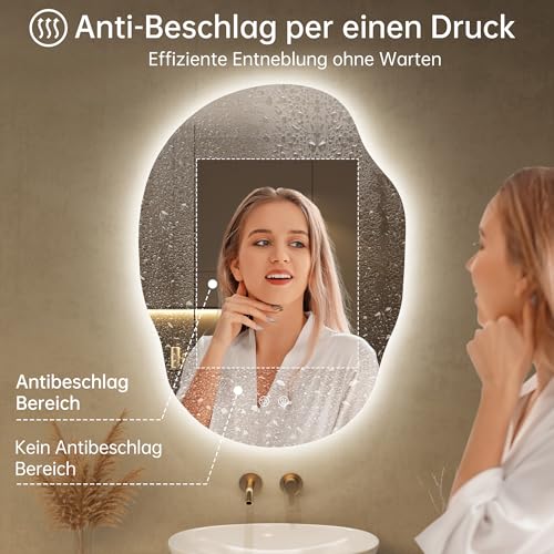 OUMUSU Spiegel mit Beleuchtung Asymmetrischer LED Badspiegel 56 x 76 cm mit Touch-Schalter, Dimmbar 3 Lichtfarbe Einstellbare, Beschlagfrei Badezimmerspiegel mit Beleuchtung, Bruchsicher 3