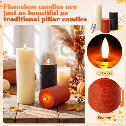 Image of 3 Pcs 6 /8 /12 Inches Fall Flameless LED Candles with Remote and 2 /4 /8h Timer Orange Black White Battery Operated Wax Flickering Candles for Thanksgiving, Halloween, Harvest Party Home Decor