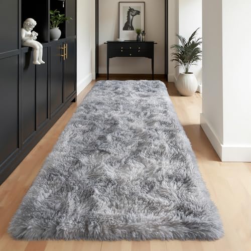 Zentavio Runner Rugs for Hallway 2x6 Shag Soft Bedroom Bedside Rugs Non Slip Fluffy Carpet for Kids Girls Boys Home Decor Aesthetic Dorm Nursery Tie-Dyed Grey White