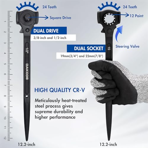 Image of DAKCOS 3pcs Spud Wrench Set, 3 /4 inch x 7 /8 inch Dual Socket Scaffold Wrench, 3 /8 inch x 1 /2 inch Dual Head Ratchet with Hammer Head and 12 inch Spud Spanner