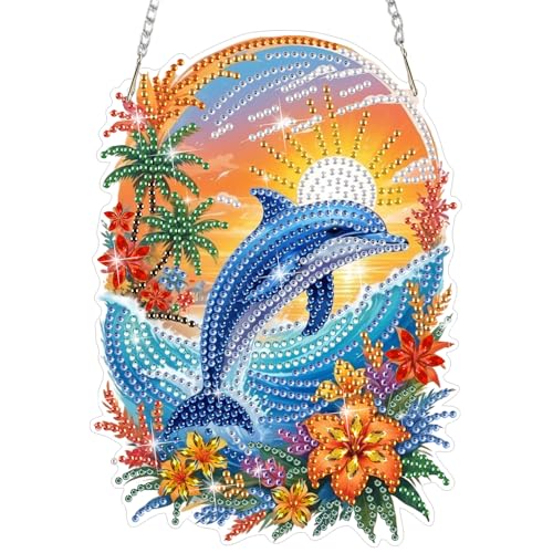 HEIBAGO Diamond Painting Anhänger Für Anfänger, 5D Diamond Painting Fensterbilder Delfine mit Kette,Besonders Geformt Sonnenuntergang Kristall Hängen Diamant Painting Edelstein Kunst für Wanddekor HEIBAGO Diamond Painting Anhänger Für Anfänger, 5D Diamond Painting Fensterbilder Delfine mit Kette,Besonders Geformt Sonnenuntergang Kristall Hängen Diamant Painting Edelstein Kunst für Wanddekor