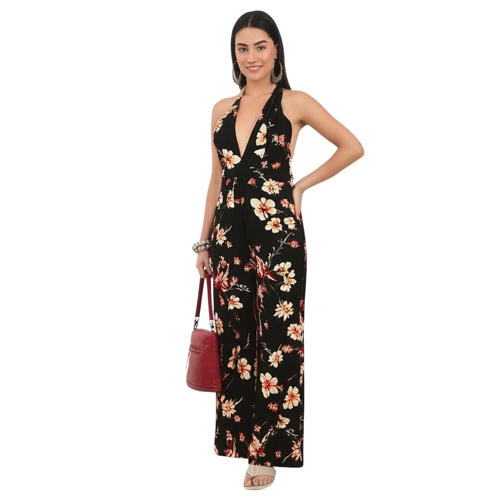 bedazzle Women's Black Floral Halter Neck Jumpsuit-picture-34