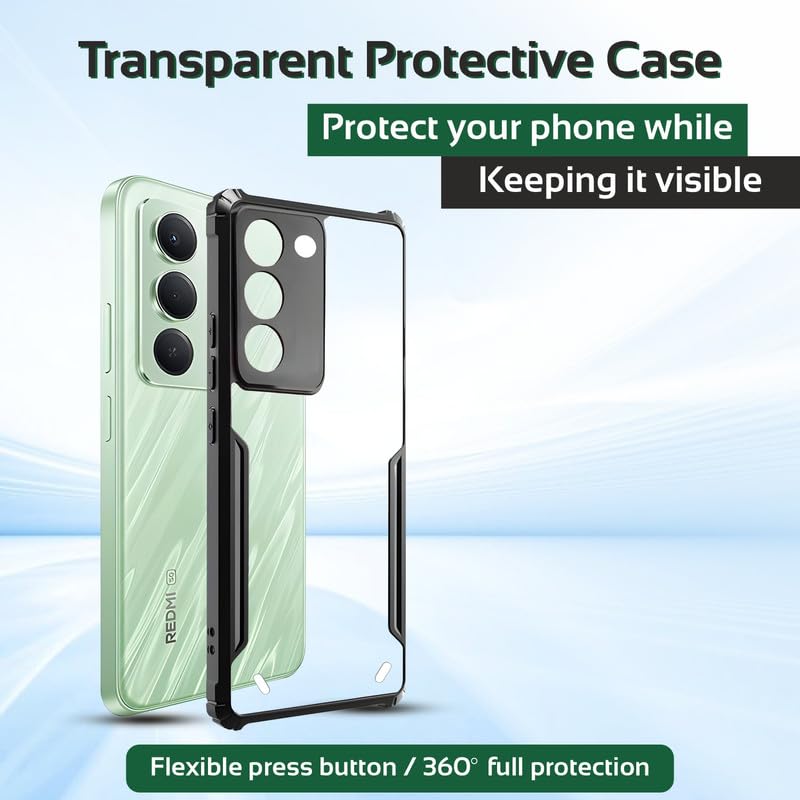 Image of AIBEX Compatible for Redmi 15 5G Mobile Back Case Cover, Crystal-Clear Shockproof Bumper with Camera Guard | 360 Hybrid Protection (TPU+PC) | Anti-Yellow, Slim Transparent - Black