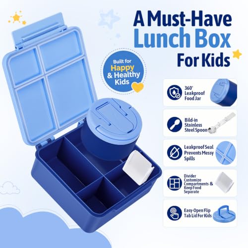 Image of Bento Lunch Box Set for Kids with 8 oz Soup Thermo, Leakproof Hot Food Container with 4 Compartments, Insulated Food Jar for Toddler Daycare Boys Girls School - Blue
