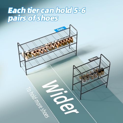 Image of 3 Tier Shoe Rack for Closet, 44 Inch Extra Long Shoe Storage Organizer for Shelves, Heavy Duty Metal, Easy Assembly, Black