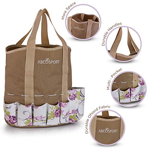 Garden Tools Set - 9 Piece Gardening Kit - Easy to Carry Tote Bag - Pretty Floral Design - Ergonomic Wooden Handle - Heavy Duty - Bonus Gloves and Cutter - Machine Washable - Great as a Gift