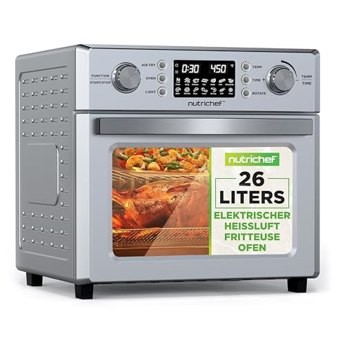 NutriChef Heißluftfritteuse 26L – Multifunktionaler Airfryer Ofen mit Rotisserie & Dampfgarer | 10-in-1 Mini-Backofen mit Dörrfunktion, Zubehör, Edelstahlgehäuse & Antihaftteilen für gesundes Kochen