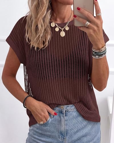 KIRUNDO Crochet Tops for Women 2026 Summer Beach Vacation Clothes Cover Up Mesh Top Lightweight Sweater Cruise Resort Wear(Brown, Medium) — view 2