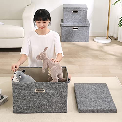 Image of HOKIPO Polyester Linen Multipurpose Storage Bins With Lid For Cupboard, Home And Office, Grey, Extra Large, Pack Of 2 (Ar4369-Xl*2)