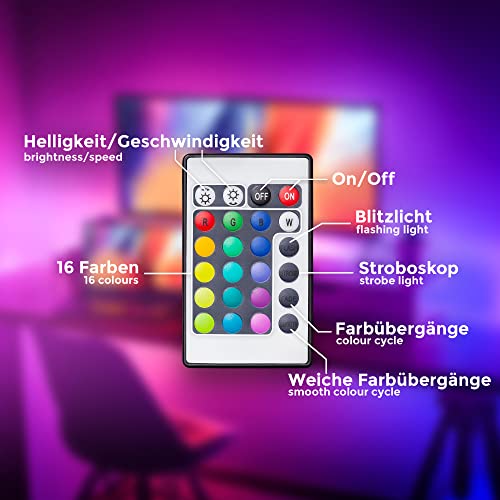 B.K.Licht - USB LED Strip 3 m mit Fernbedienung, buntes RGB, dimmbar, selbstklebend, LED Streifen, Leiste, Zimmer deko, Gaming, Band, Lichtleiste, Lichtband, 300 x 0,2 x 1 cm, Weiß