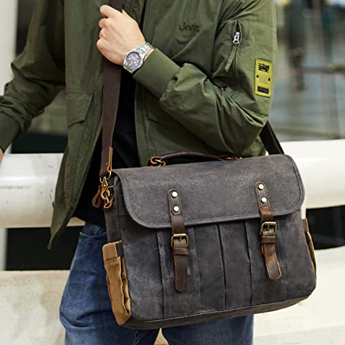 Messenger Bag for Men 15.6 Inch Vintage Canvas Genuine Leather Briefcase for Men Laptop Bag Satchel Shoulder Bag3