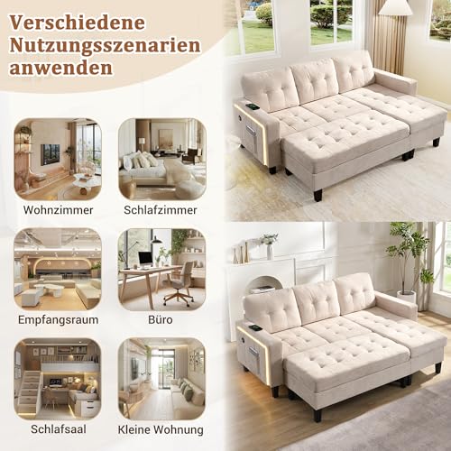 Canapé modulable 3 pl. avec ottoman XXL LED/USB Yihomfy